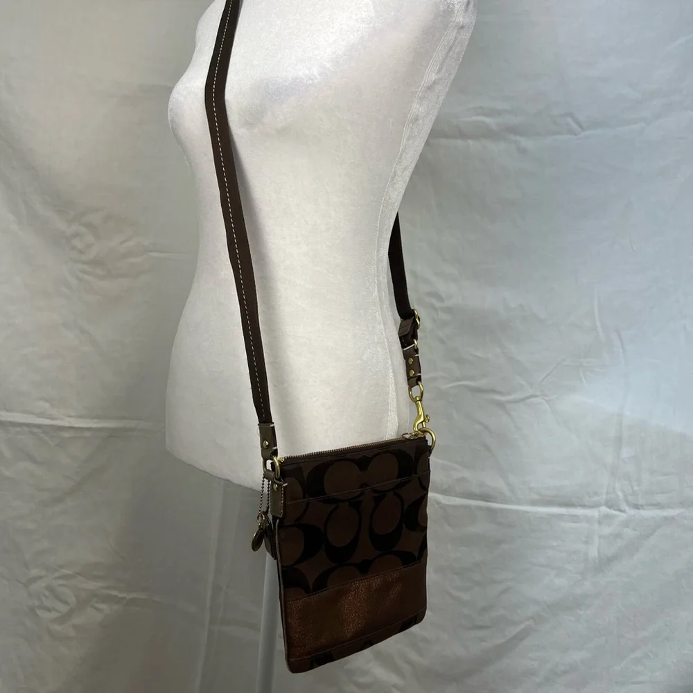 Coach chocolate brown and bronze crossbody with adjustable strap. - Picture 2 of 10
